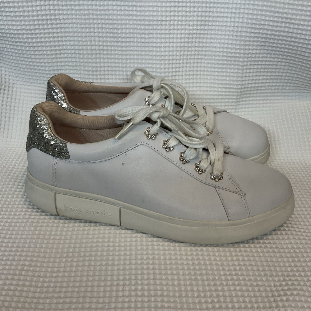 kate spade new york White Leather Slip-On Low Top Sneakers Gold Logo Accent 8 B